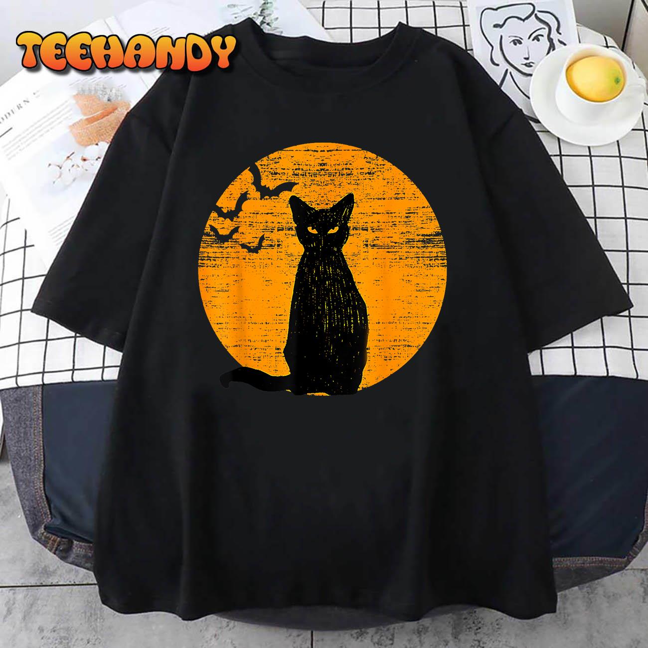 Vintage Scary Halloween Black Cat Costume Retro Moon Cat Mom T-Shirt