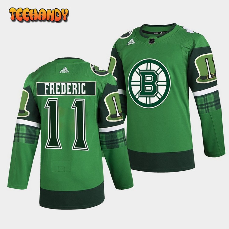 Boston Bruins Trent Frederic 2022 St Patricks Day Green Warm-Up Jersey