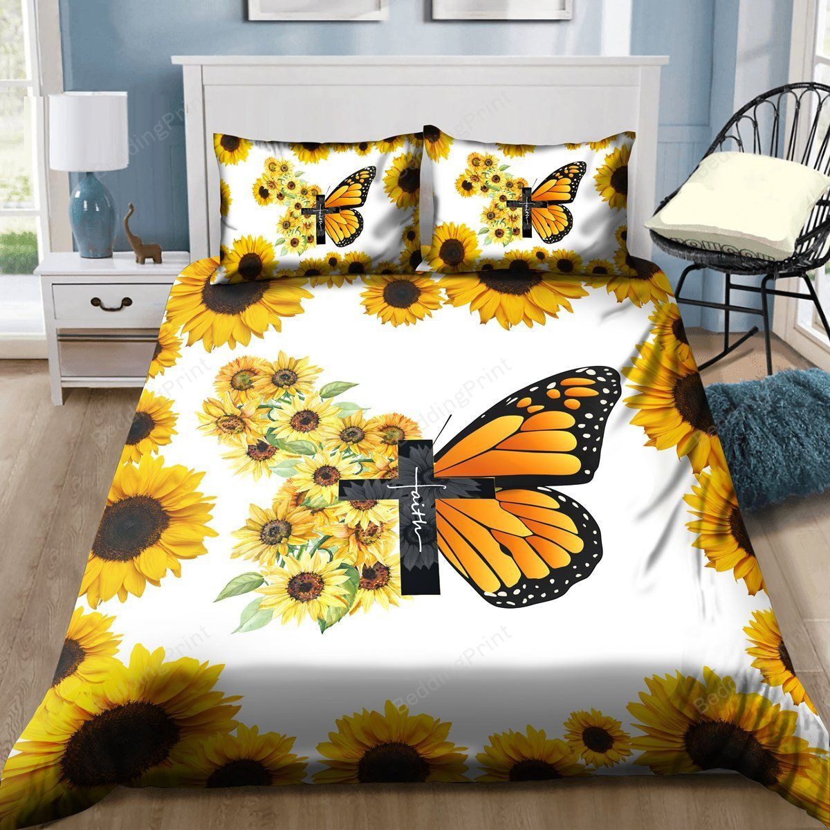 Butterfly And Sunflower Faith Bed Sheets Duvet Cover Bedding Sets