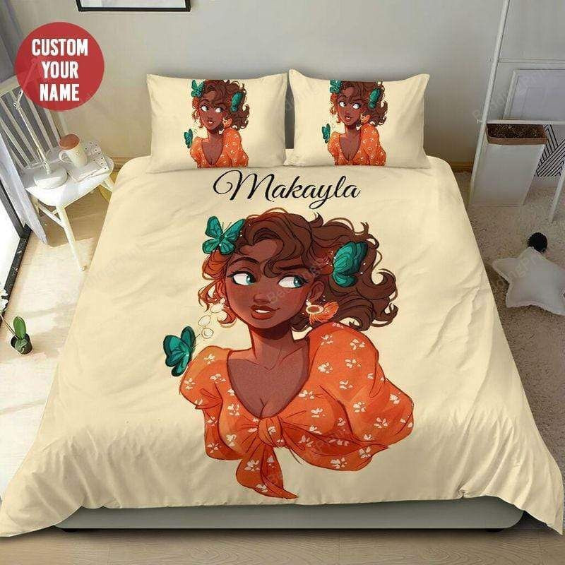 Butterfly Cute Black Girl Custom Name Duvet Cover Bedding Set