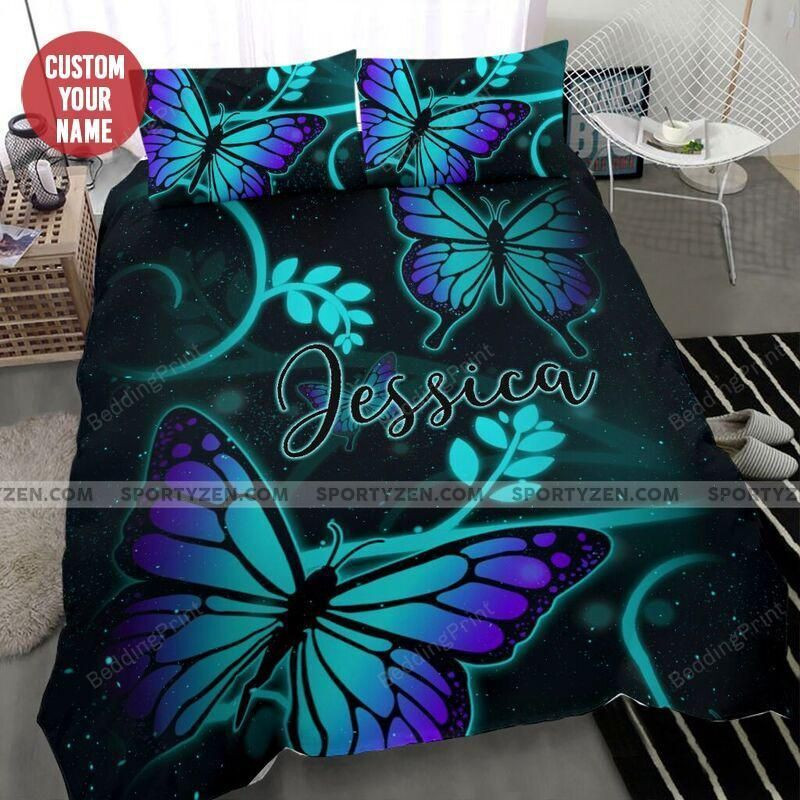 Butterfly Green Light Custom Name Duvet Cover Bedding Set