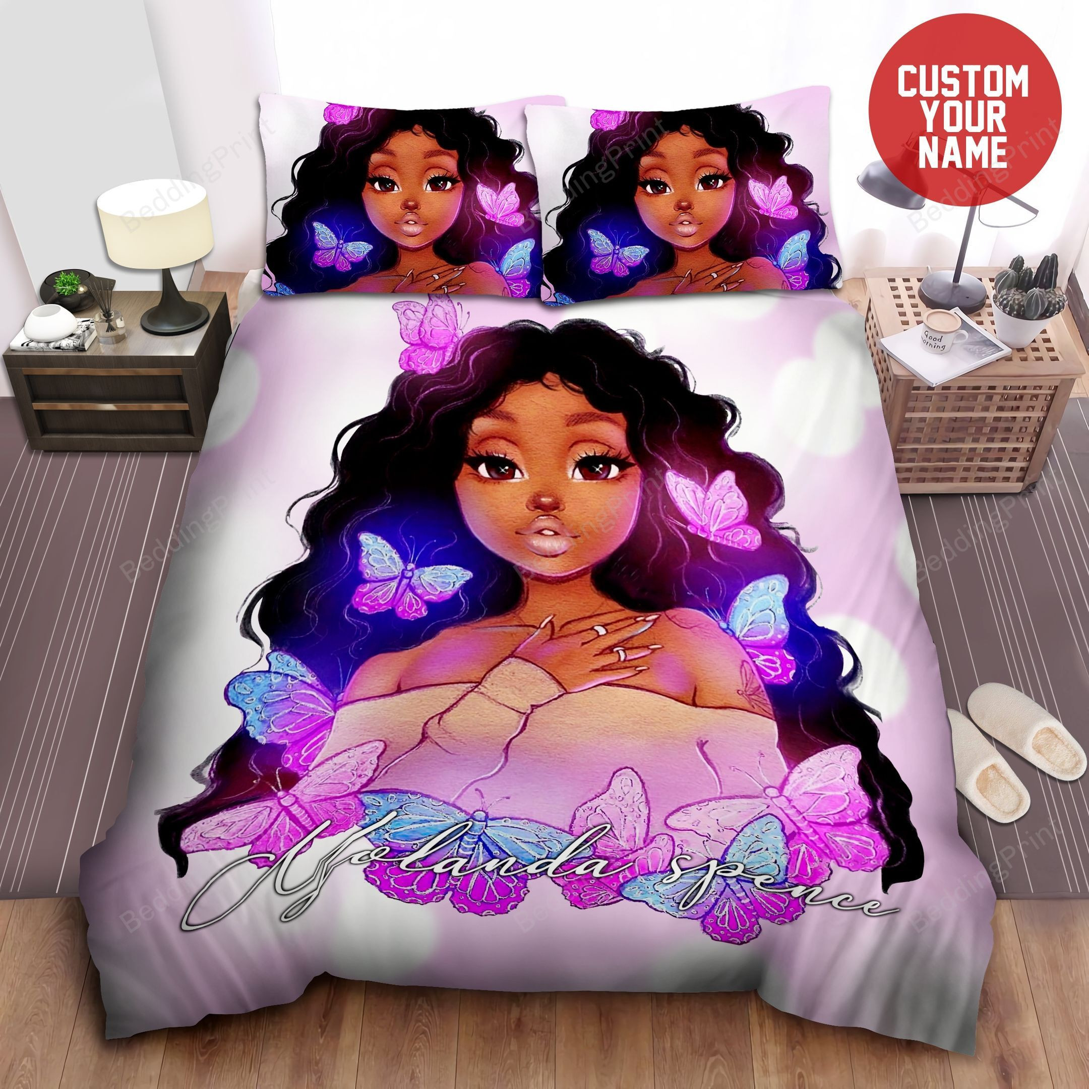 Butterfly Pink Black Girl Personalized Custom Name Bedding Set