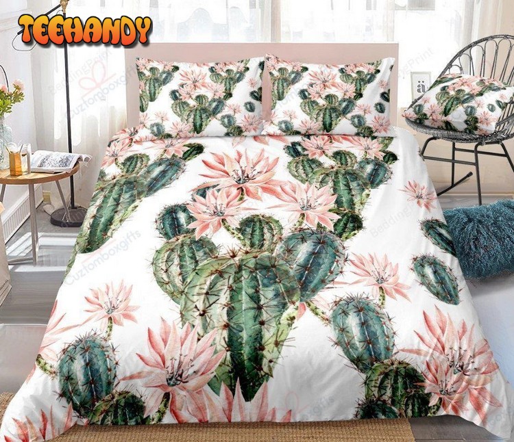 Cactus Flowers All Over Printed In White Duvet Cover Bedding Sets