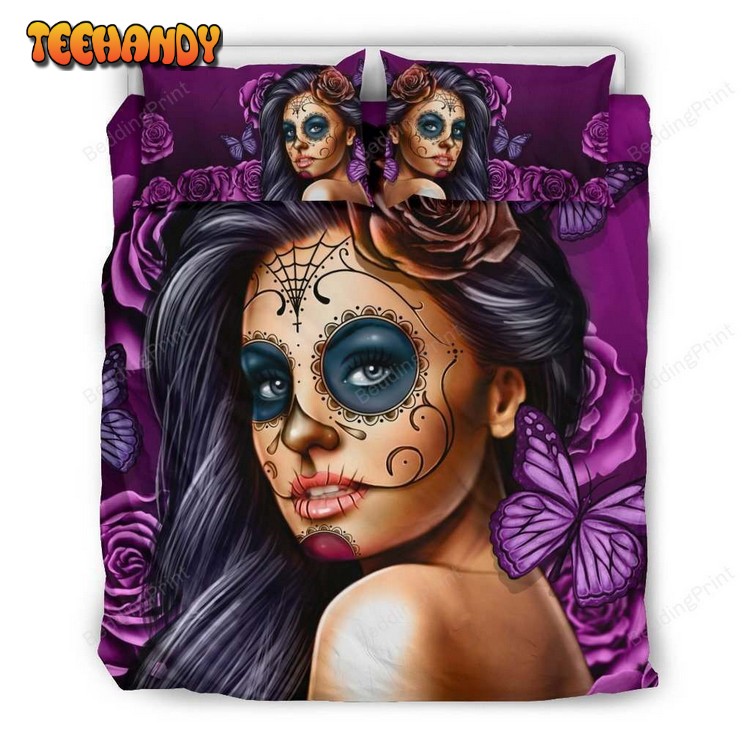 Calavera Violet on Black Bed Sheets Duvet Cover Bedding Sets