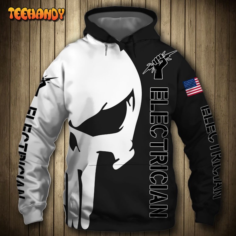 Electrician Punisher Skull US Flag Black White 3D Printed HoodieZipper Hoodie