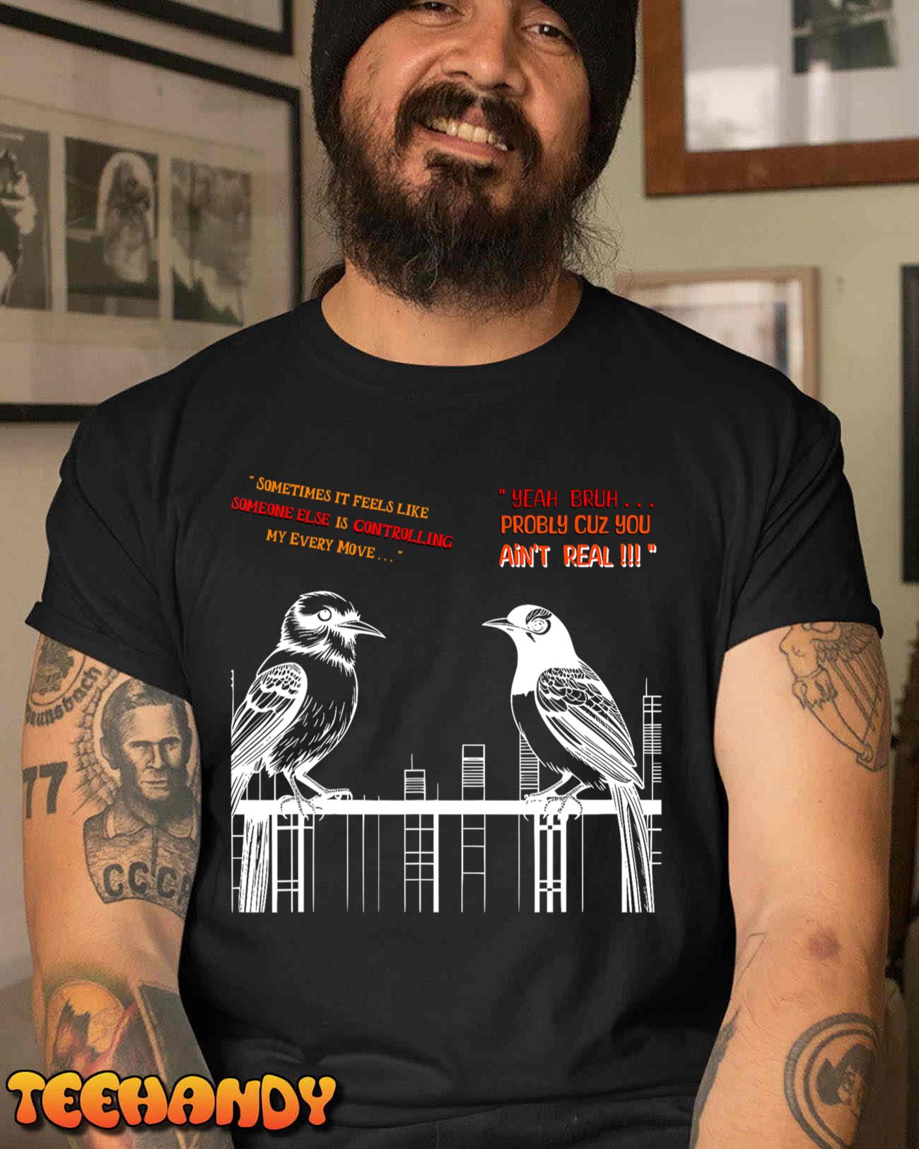 FUNNY FAKE BIRDS ON A WIRE DESIGN LINE ART COMICAL T-Shirt