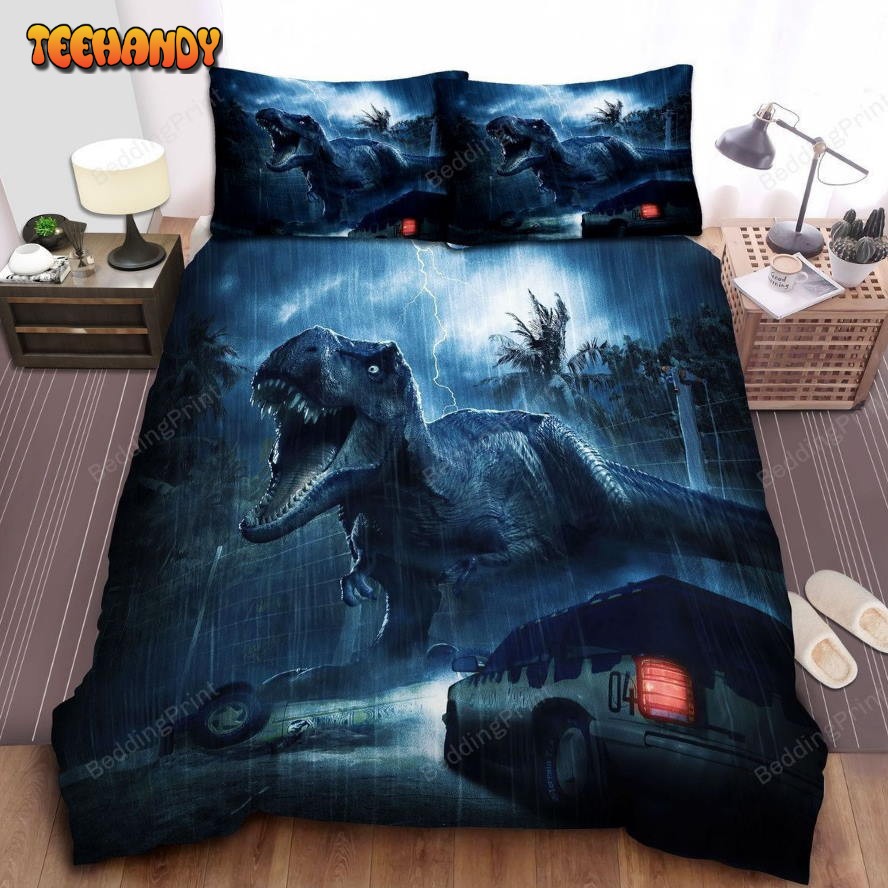 Jurassic Park T-Rex In The Rain Digital Art Bed Sheets Duvet Cover Bedding Sets