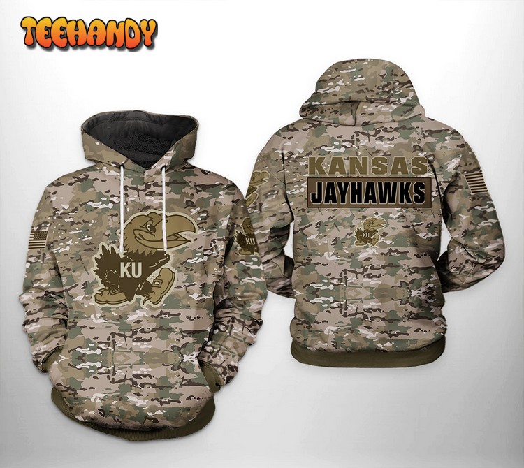 Kansas Jayhawks NCAA Camo Veteran 3D Printed Hoodie