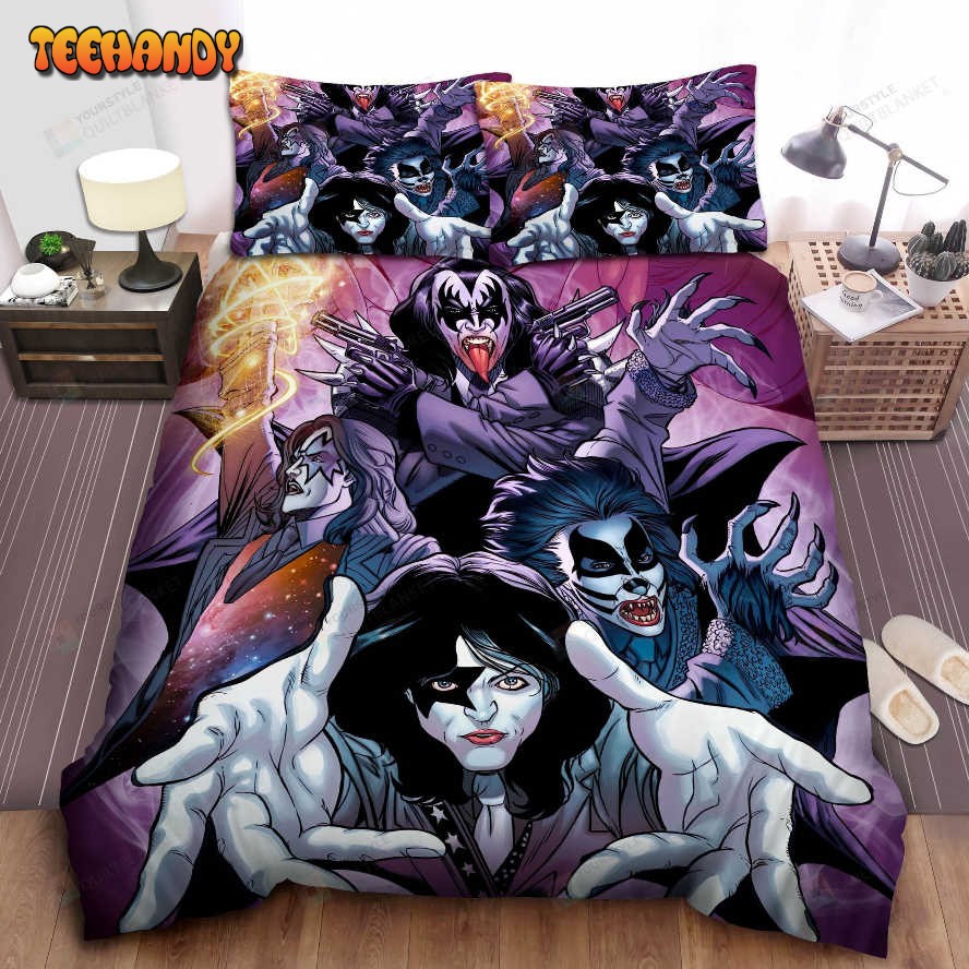 Kiss Members In Cartoon Characters Spread Comforter Duvet Cover Bedding Sets