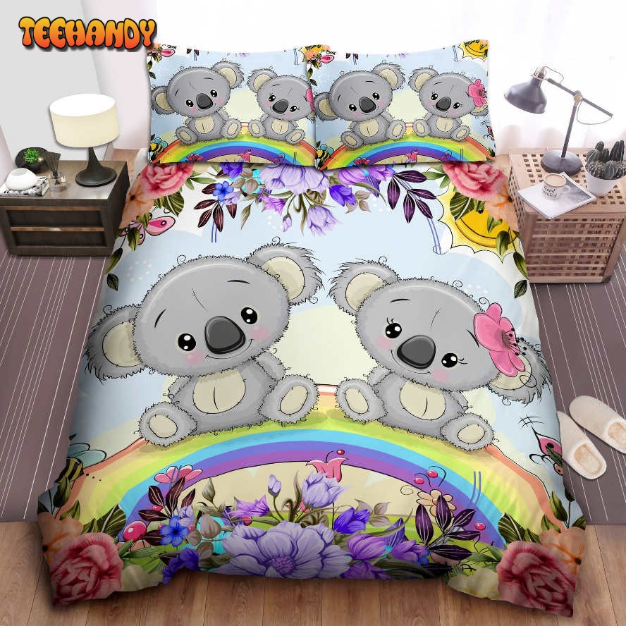 Koala Couple Sitting On Rainbow Bed Sheets Duvet Cover Bedding Sets