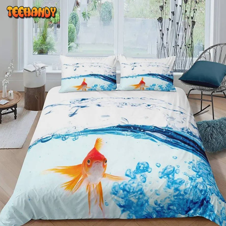 Koi Fish Bedding Set Goldfish In Ocean Sea Cover Blue Sea Water Droplets Animals