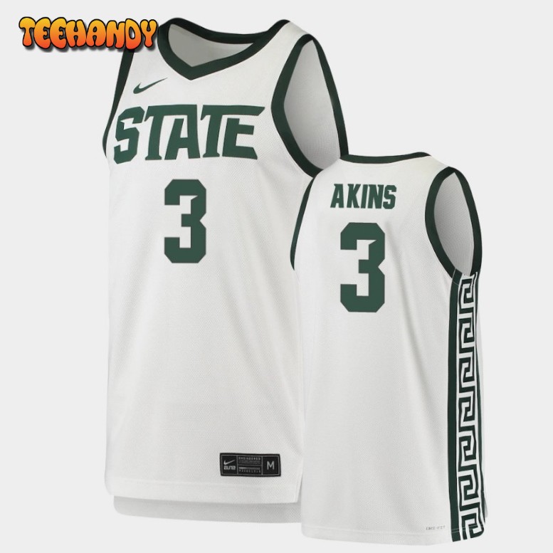 Men’s Michigan State Spartans Jaden Akins White Green Replica Basketball Jersey