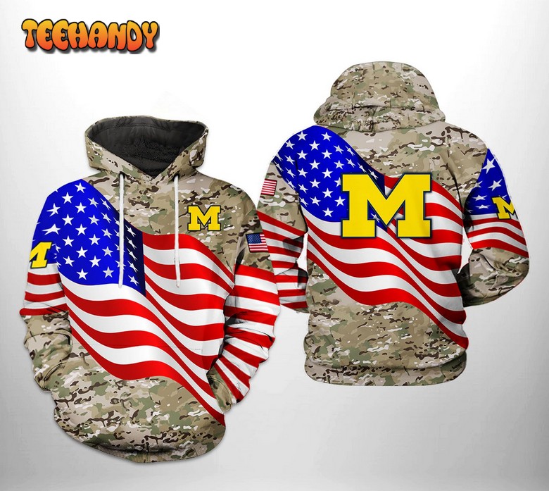 Michigan Wolverines NCAA US Flag Camo Veteran 3D Hoodie