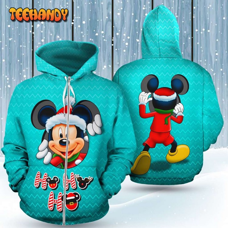 Mickey Peeking Light Blue Santa Christmas Ho Ho Ho 3D Hoodie