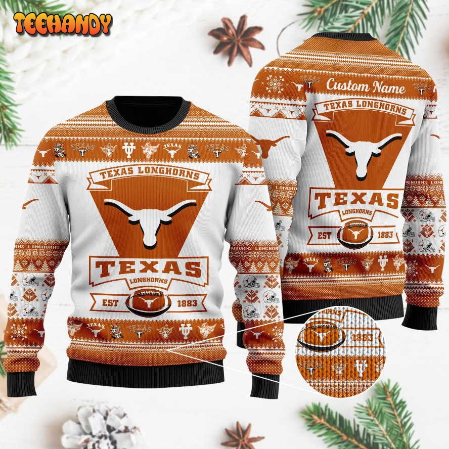 Texas Longhorns Football Team Logo Custom Name Ugly Sweater