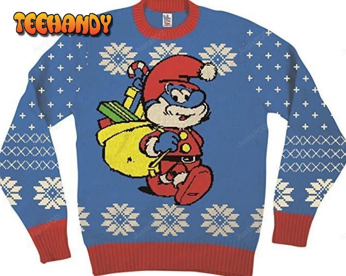 The Smurfs Papa Smurf As Santa Adult Blue Ugly Christmas Sweater, Ugly Sweater