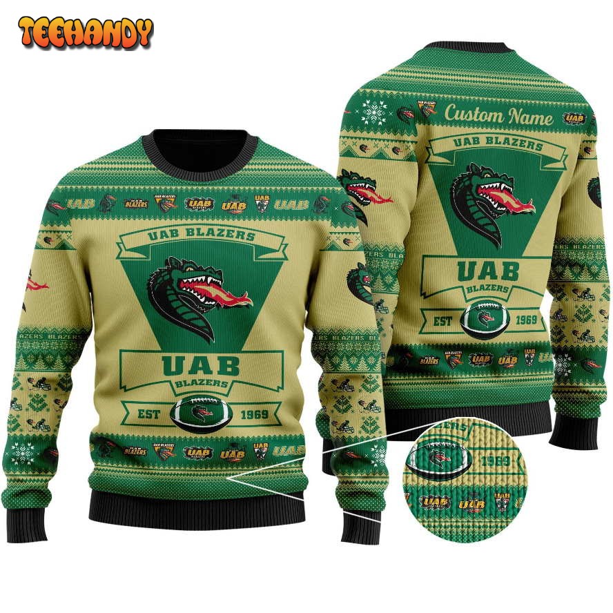 UAB Blazers Football Team Logo Custom Name Ugly Christmas Sweater