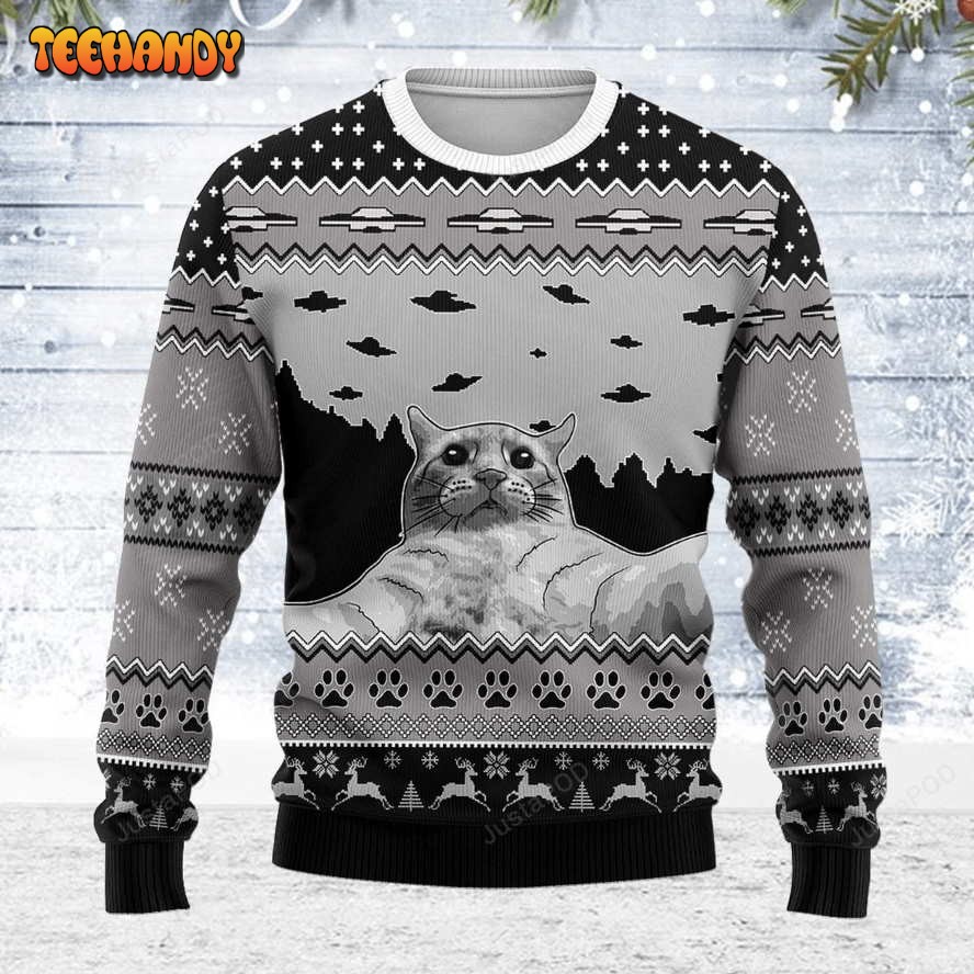 UFO And Cat Ugly Christmas Sweater, All Over Print Sweatshirt, Ugly Sweater