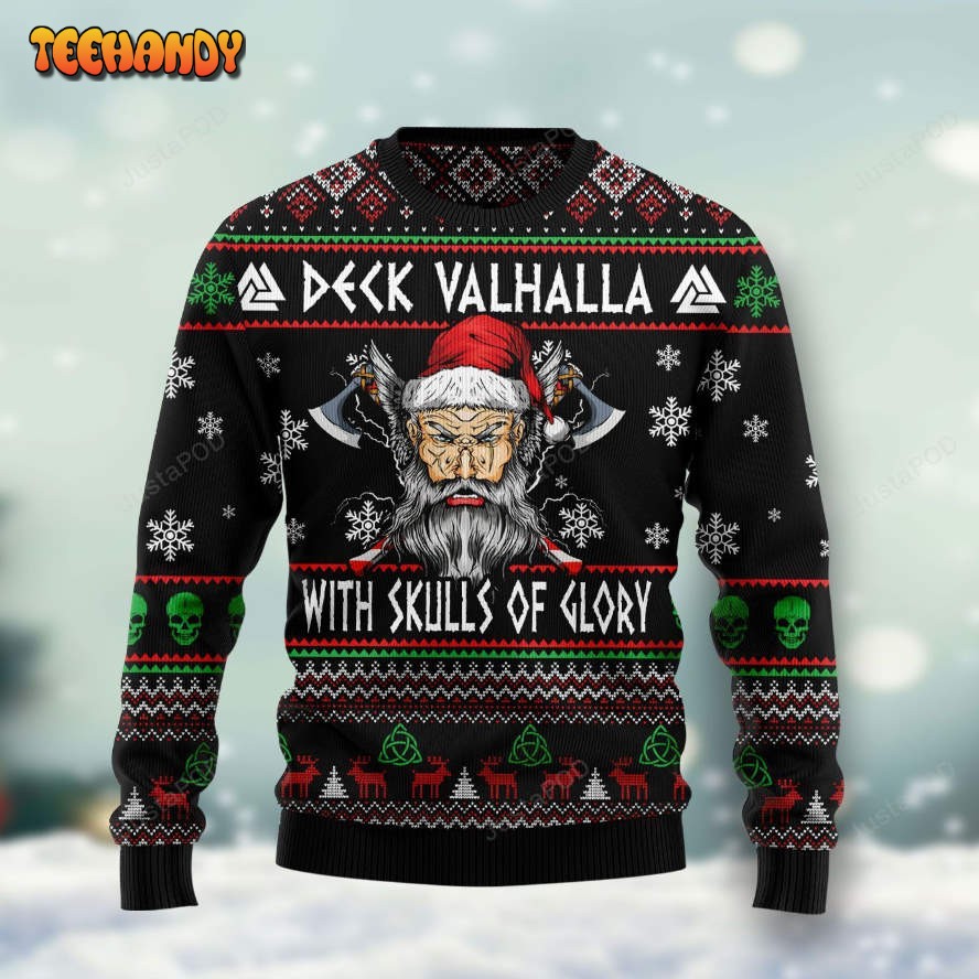 Viking Deck Valhalla With Skulls Of Glory Ugly Christmas Sweater, Ugly Sweater