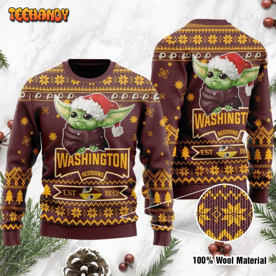 Washington Redskins Cute Baby Yoda Grogu Holiday Party Ugly Christmas Sweater