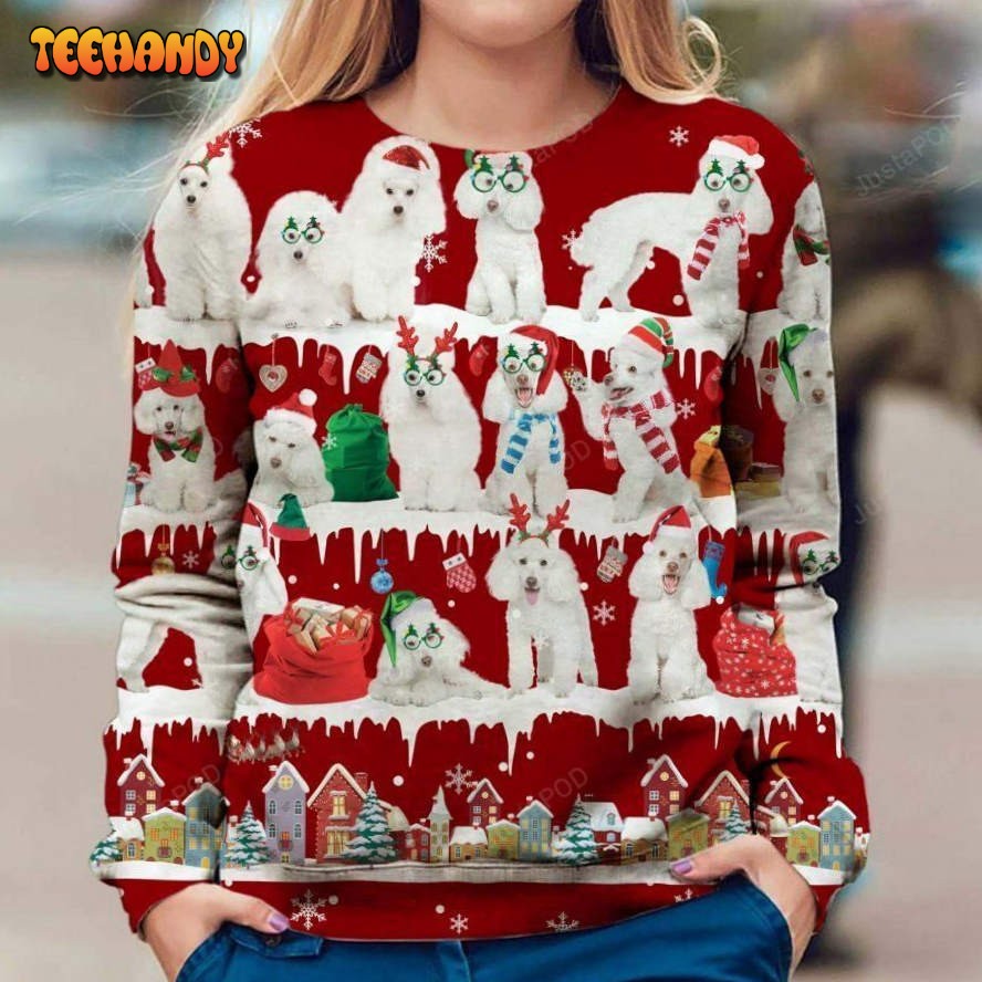 White Poodle Ugly Christmas Sweater, All Over Print Sweatshirt, Ugly Sweater