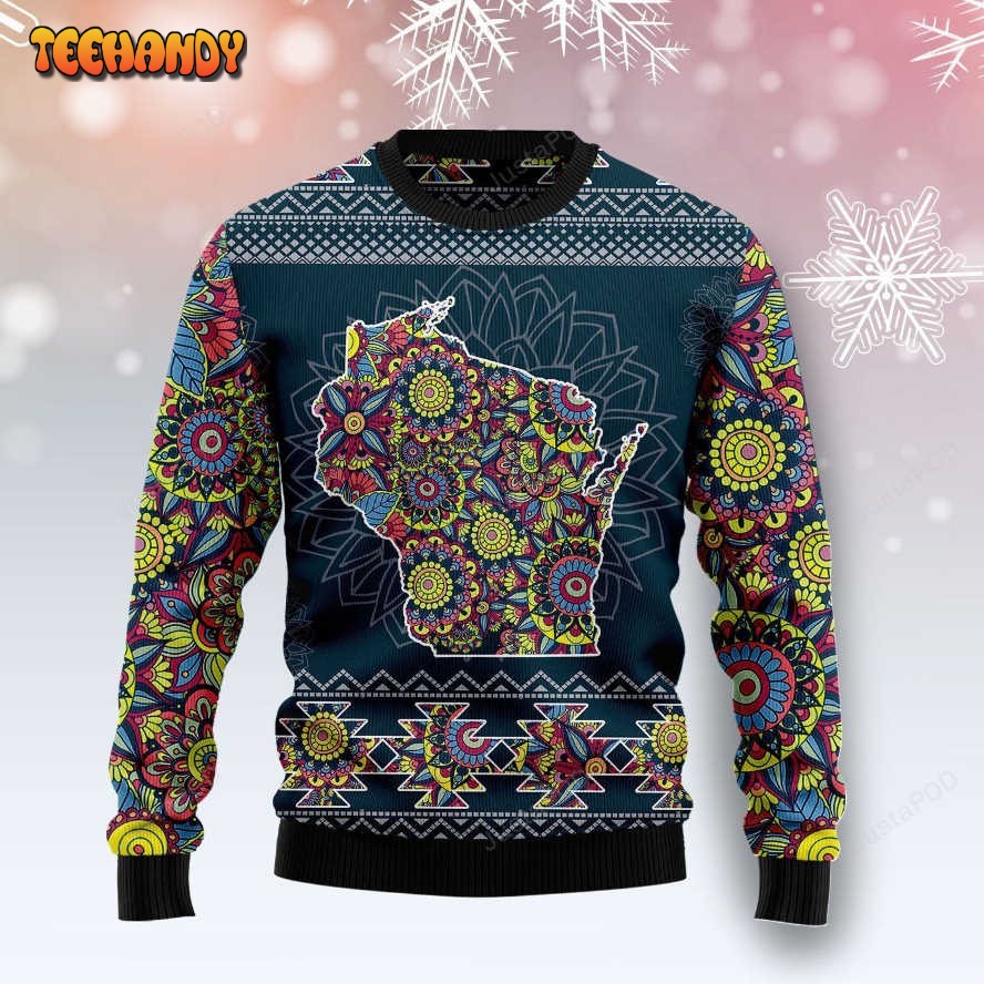 Wisconsin Blue Mandala Ugly Christmas Sweater, Ugly Sweater