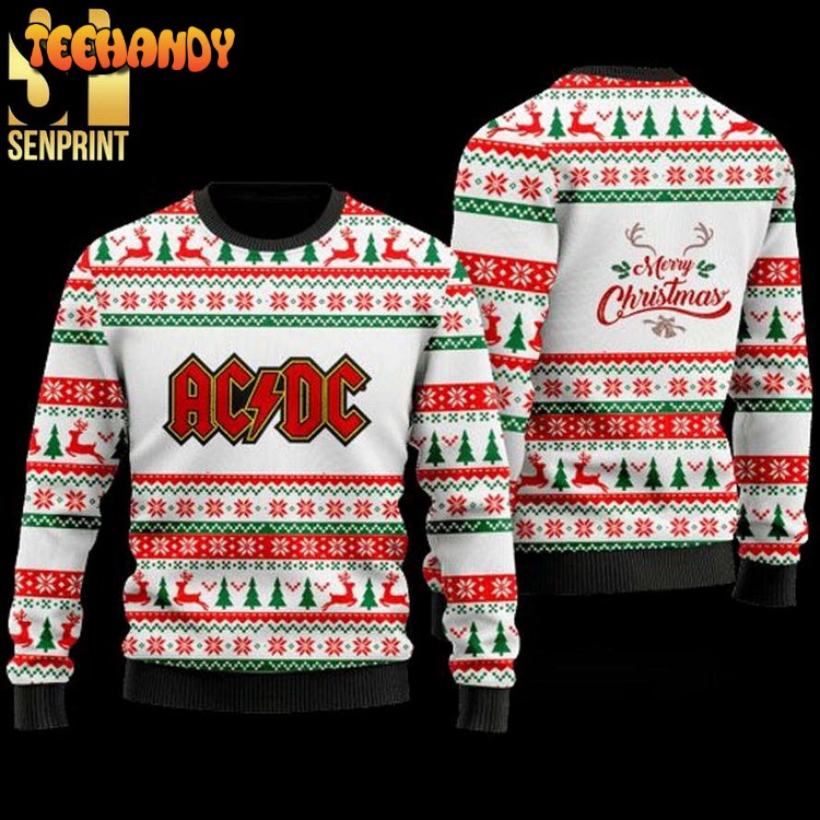 AC DC Merry Xmas Faux Knitted Ugly Christmas Sweater