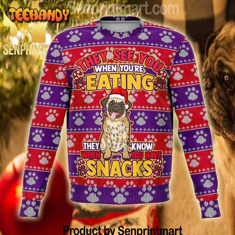 Adorable Pug Snacks Pattern Knit Christmas Sweater