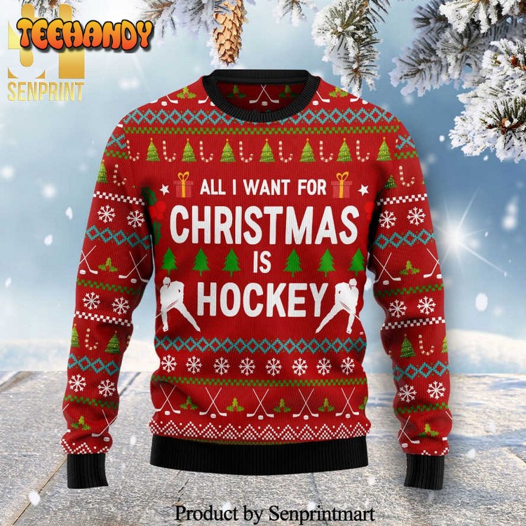 All I Want For Christmas Is Hockey Knitted Ugly Sweater