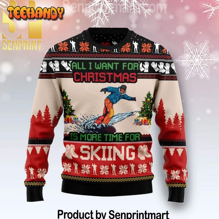 All I Want For Christmas Is Skiing Gift Ideas Pattern Ugly Knit Sweater