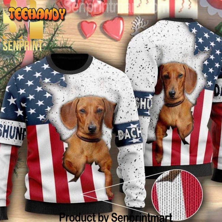 American Flag And Dachshund Dog 3D Holiday Knit Sweater