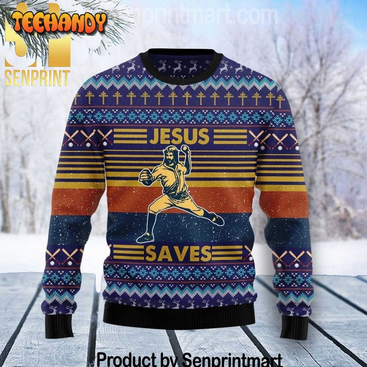 Baseball Jesus Save Gift Ideas Pattern Ugly Knit Sweater
