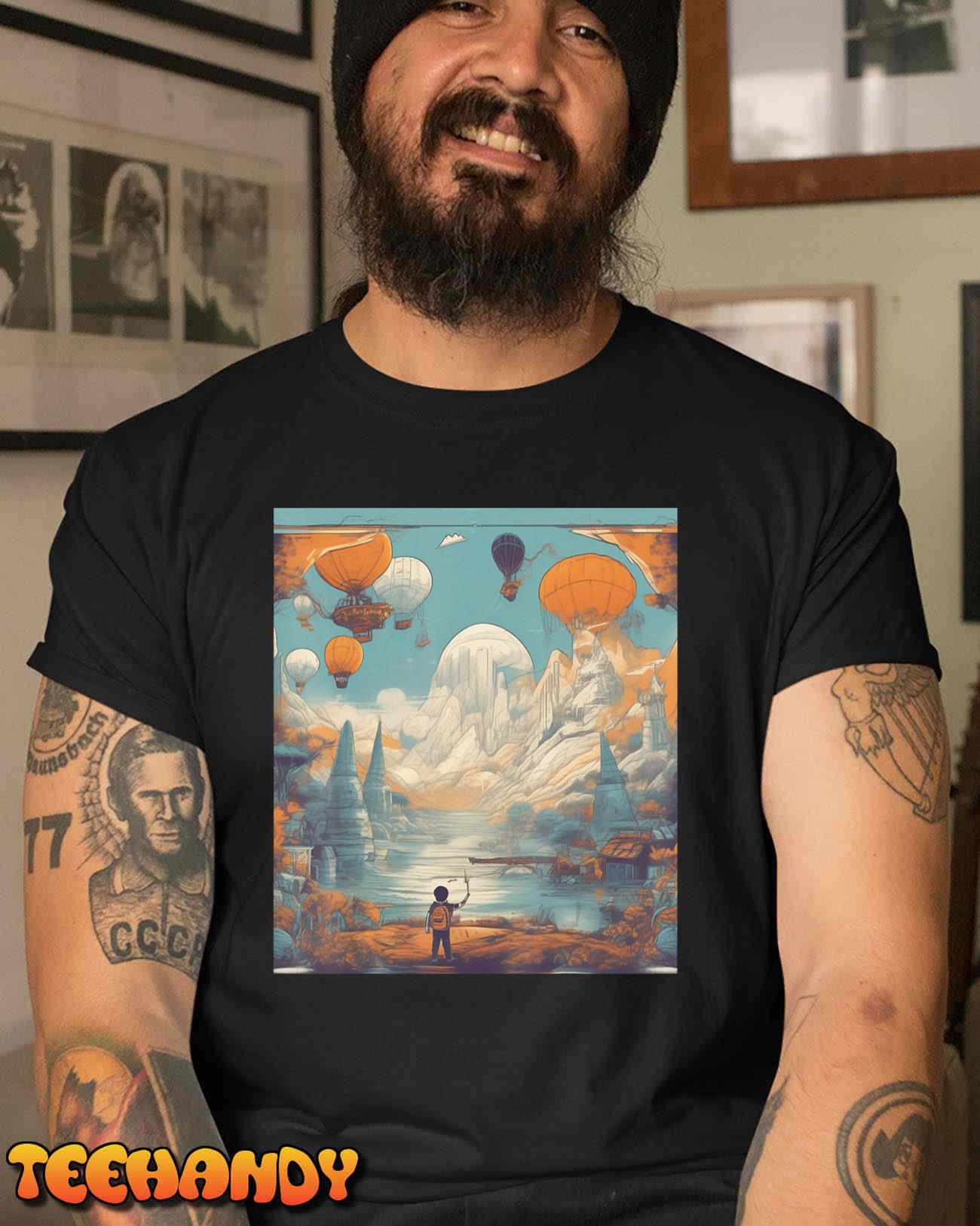 Boy and Air Balloons in a World of Wonder Fantasy Adventure T-Shirt