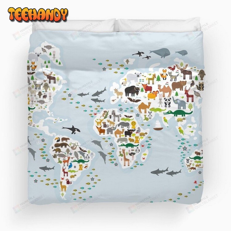 Cartoon Animal World Map Animals From All Over The World Bedding Set