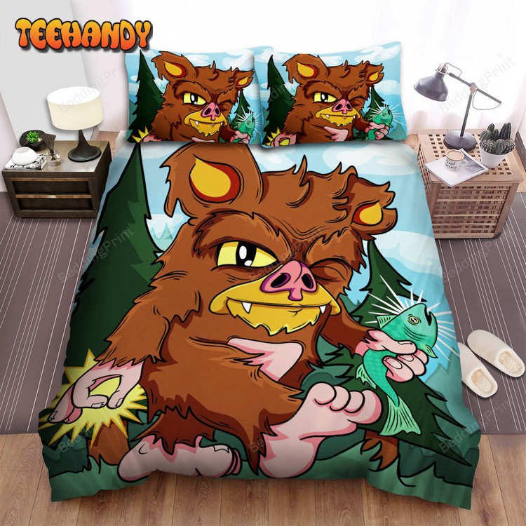 Cartoon Bigfoot Holding A Fish Spread Duvet Cover Bedding Sets