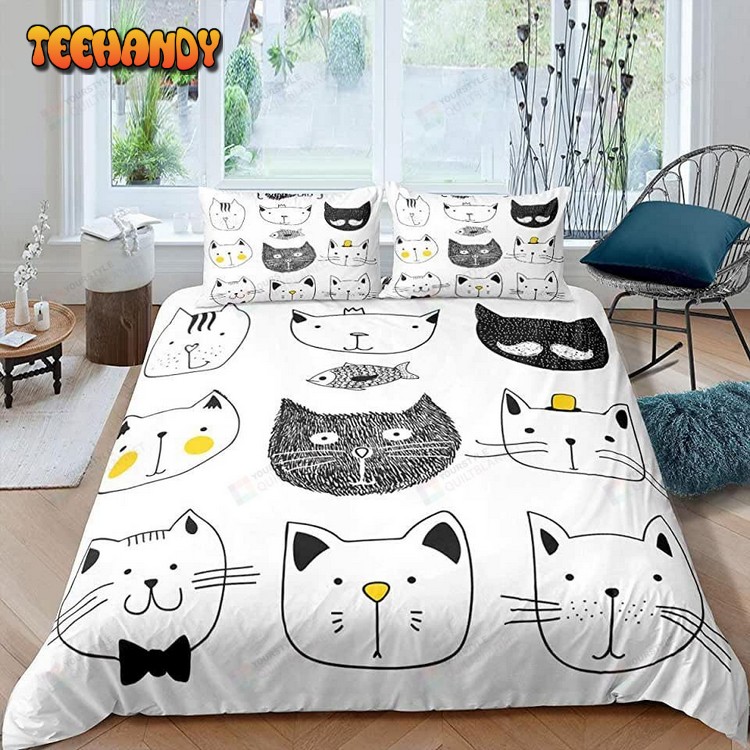 Cartoon Cats Faces Pattern Bed Sheets Duvet Cover Bedding Sets