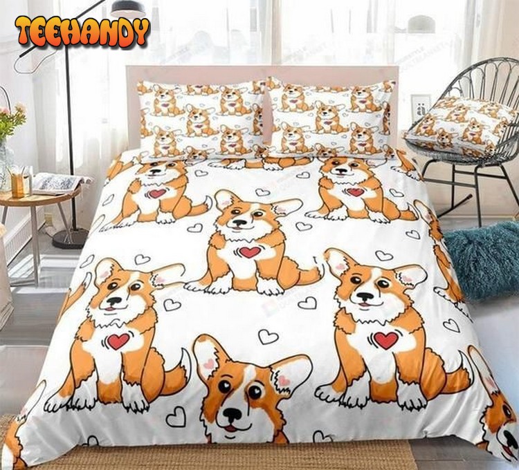 Cartoon Corgi With Love Red White Hearts Cotton Bedding Sets