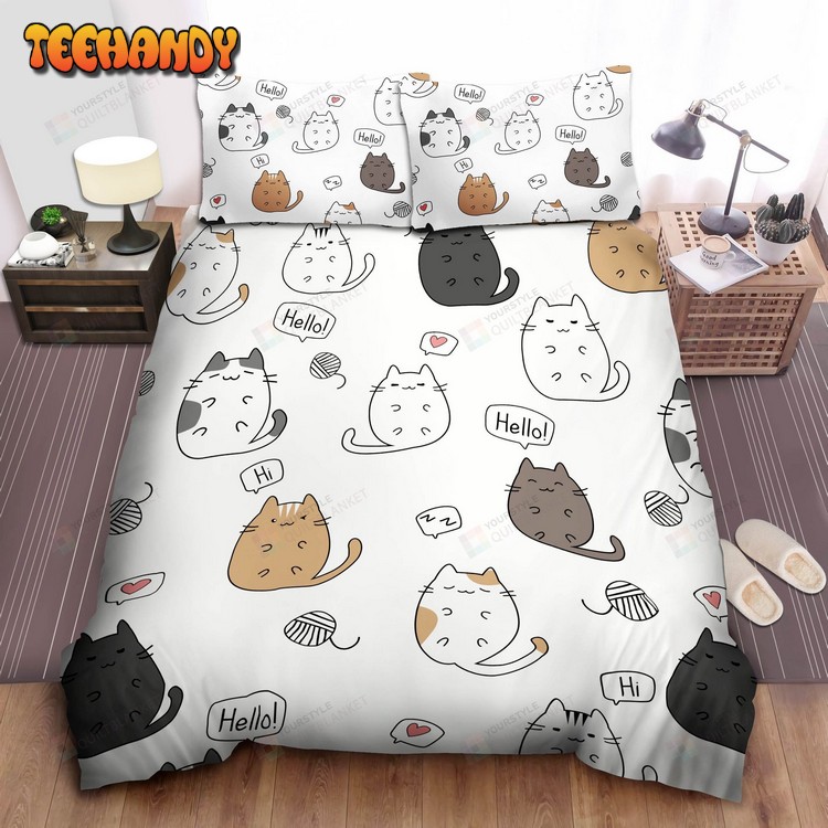 Cartoon Cute Cats Say Hello Perfect Gifts For Cat Lovers Spread Bedding Set