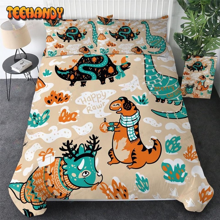 Cartoon Dinosaur Pattern Happy Rawr Bed Sheets Duvet Cover Bedding Set