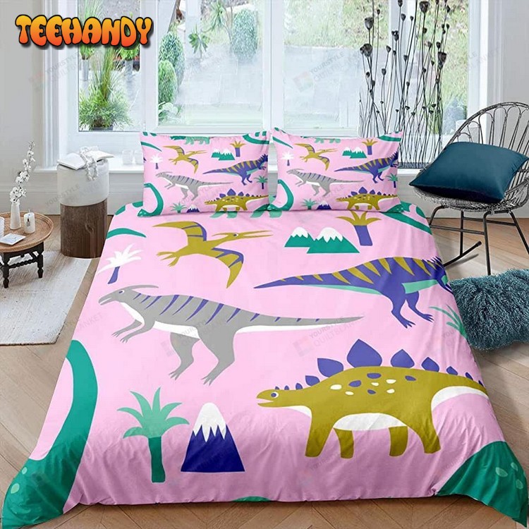 Cartoon Dinosaur Pattern Pink Bed Sheets Duvet Cover Bedding Sets