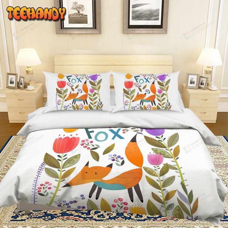 Cartoon Fox Flower Pattern Bed Sheets Duvet Cover Bedding Set