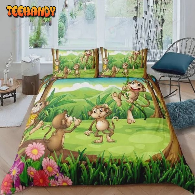 Cartoon Monkey In The Green Forest Cotton Comforter Bedding Sets