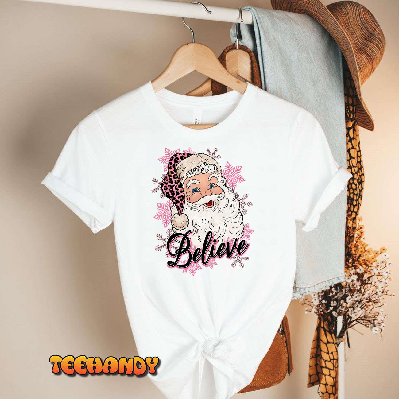 Groovy Vintage Pink Santa Claus Believe Christmas Women Kids T-Shirt