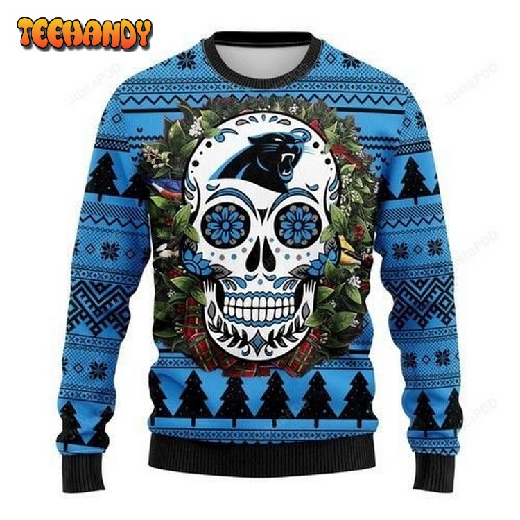 Nfl Carolina Panthers Skull Flower Ugly Christmas Sweater