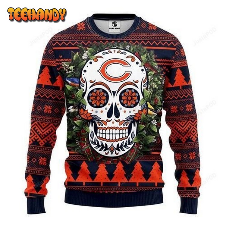 Nfl Chicago Bears Skull Flower Ugly Christmas Sweater