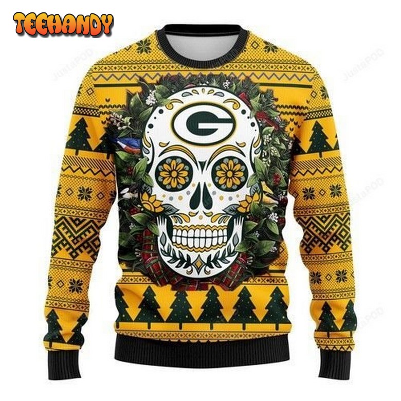 Nfl Green Bay Packers Skull Flower Ugly Christmas Sweater