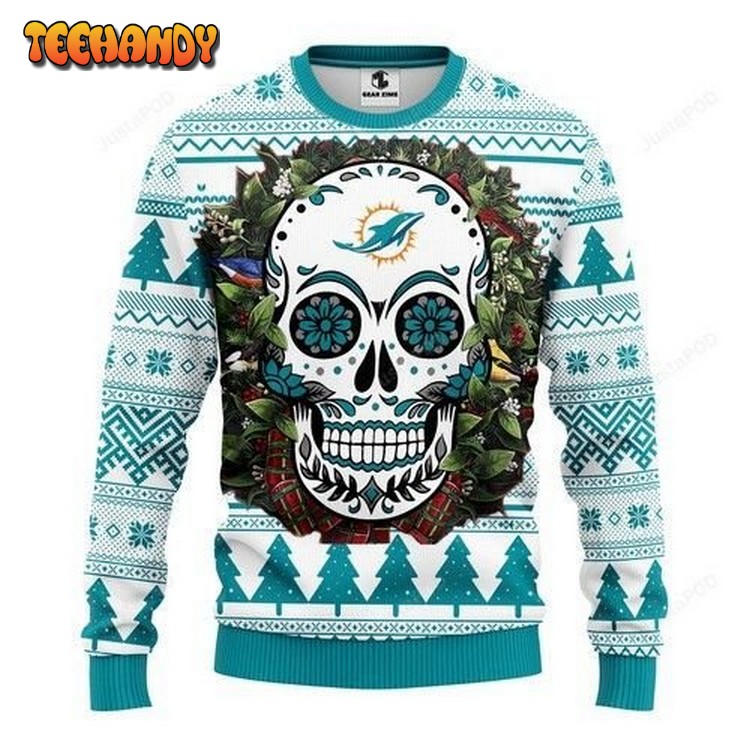 Nfl Miami Dolphins Skull Flower Ugly Christmas Sweater