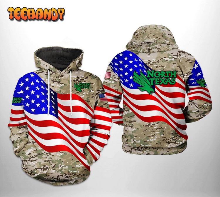 North Texas Mean Green NCAA US Flag Camo Veteran 3D Hoodie