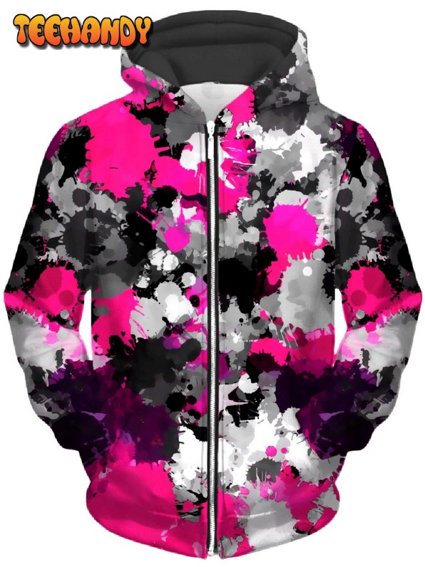 Pink and Grey Paint Splatter Unisex Zip-Up 3D Hoodie