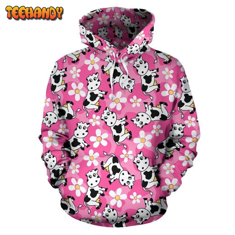 Pink Cartoon Cow Pattern Print All Over Graphic 3D Hoodie